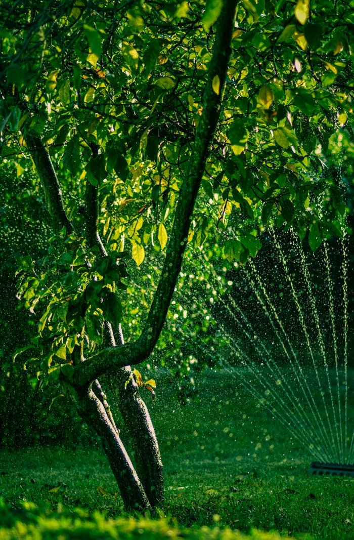 A vibrant garden scene with a tree and a water sprinkler, creating a refreshing atmosphere.